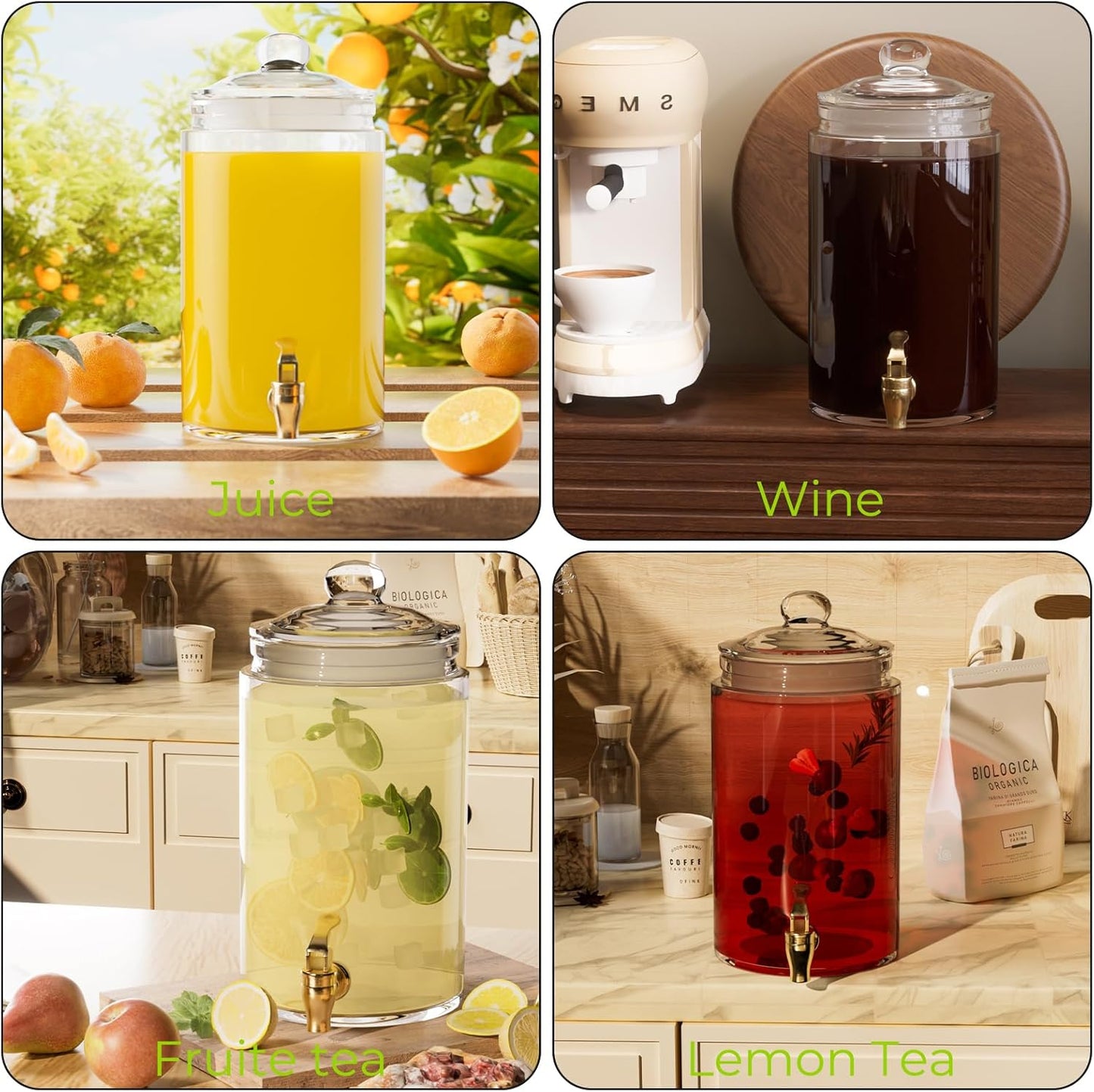 Glass Drink Dispensers For Parties, 2 PACK 1 Gallon Beverage Dispenser With Wooden Lids, Metal Stand And Spigot 100% Leak proof. Lemonade Dispenser With Chalk board