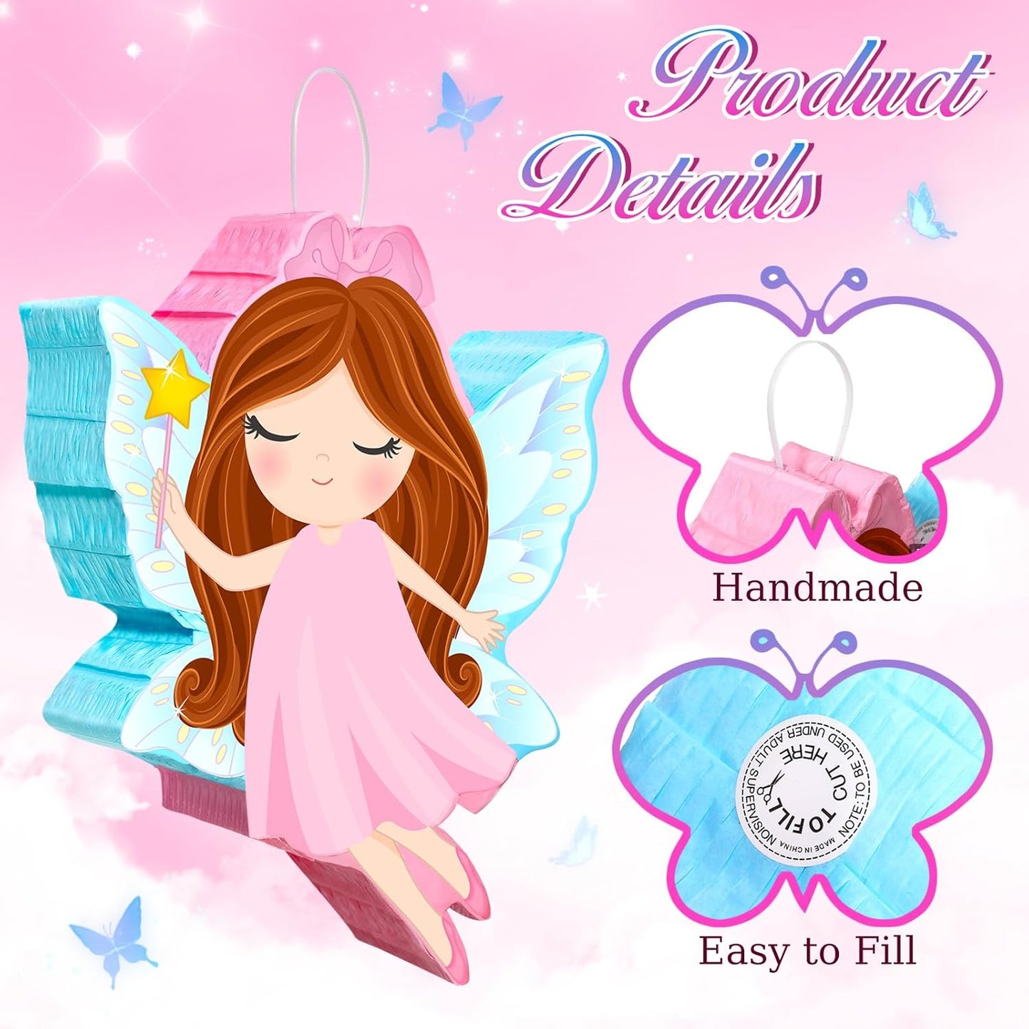 Threan Princess Piñata Fairy Party Decorations Pink Ballet Piñata Ballerina, Birthday Game Set Party Supplies for Girl Princess Theme Baby Shower Butterfly Birthday Supplies Decoration(Fairy)