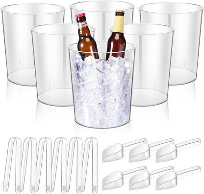 Norme 18 Pcs Plastic Ice Bucket for Parties 5L Clear Wine Bottle Chiller with Handles Round Beverage Tub with Plastic Ice Scoop and Plastic Buffet Serving Tongs Mini Serving Utensil Tongs for Beer