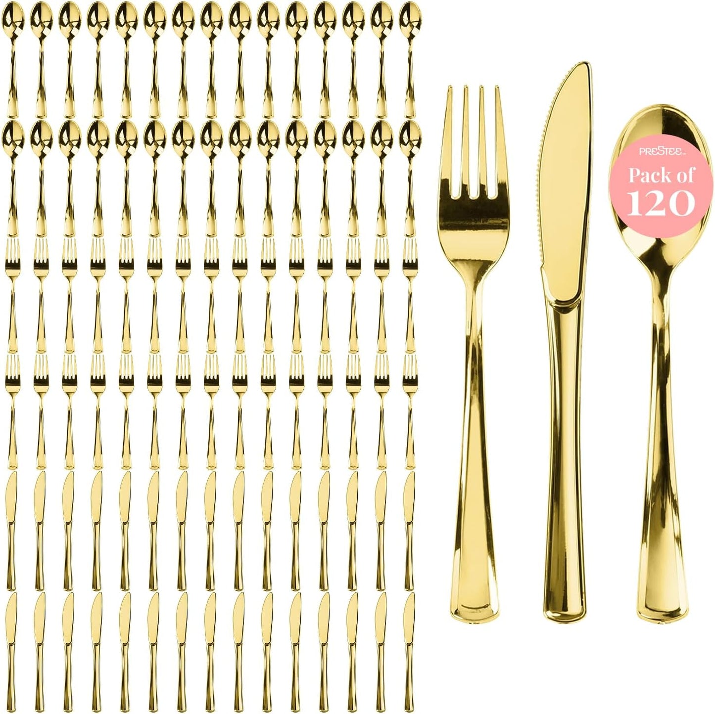 Prestee 300 Piece Heavy Duty Plastic Silverware Set - 100 of Each Silver Plasticware Forks, Spoons, Knives - Flatware Cutlery for Weddings - Durable Disposable Plastic Utensils for Catering, Buffets