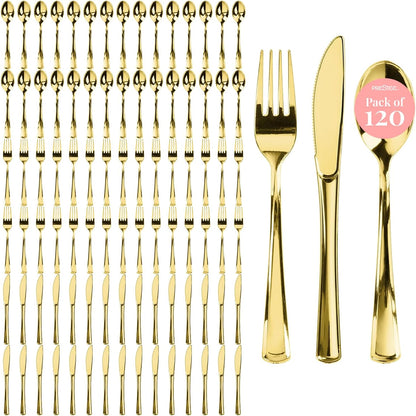 Prestee 300 Piece Heavy Duty Plastic Silverware Set - 100 of Each Silver Plasticware Forks, Spoons, Knives - Flatware Cutlery for Weddings - Durable Disposable Plastic Utensils for Catering, Buffets