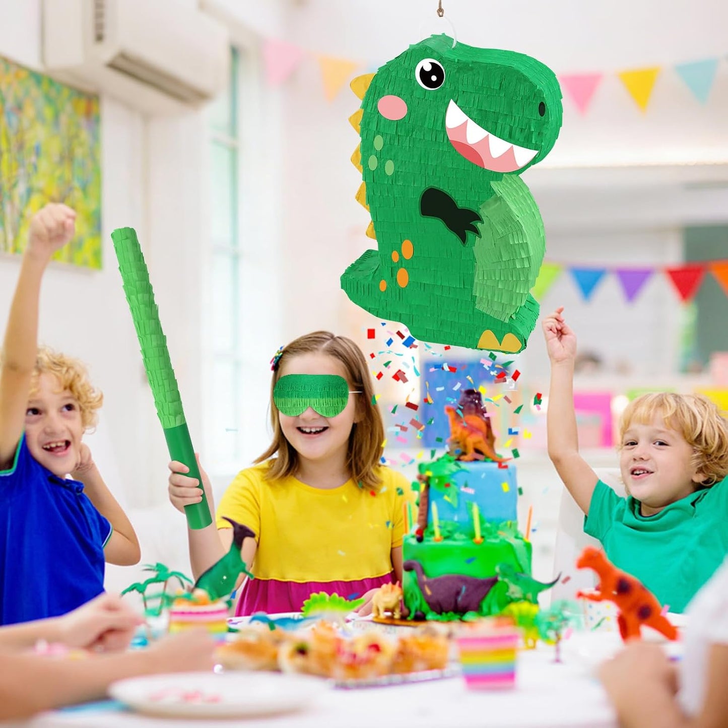 Dinosaur Pinata - Dinosaur Decorations with a Blindfold and Bat for Boys Girls Animal Themed Birthday Party Kids Classroom Game Decorations Supplies (15.7 x 11.4 x 3.1 Inches)