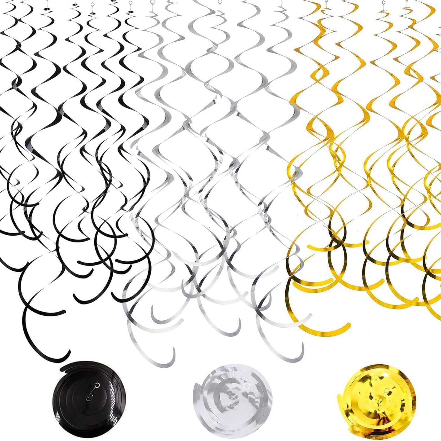 36Pcs Hanging Swirl Party Decorations Foil Decorations Ceiling Swirl Spiral Hanging Plastic Streamer for Ceiling Birthday Graduation Wedding Celebration Baby Shower Party Supply (Black Gold Silver)