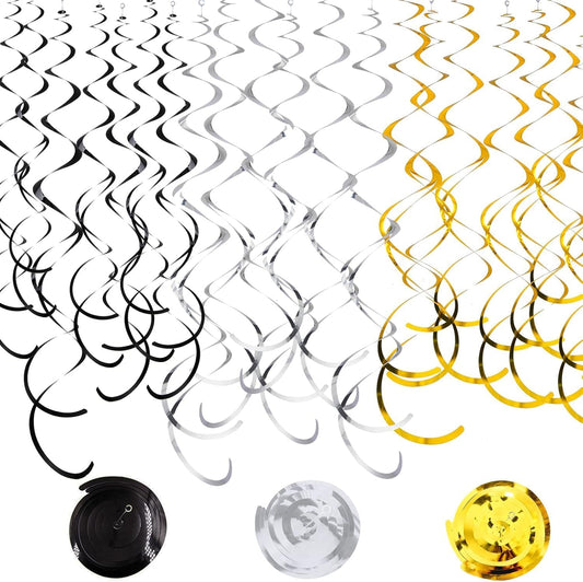 36Pcs Hanging Swirl Party Decorations Foil Decorations Ceiling Swirl Spiral Hanging Plastic Streamer for Ceiling Birthday Graduation Wedding Celebration Baby Shower Party Supply (Black Gold Silver)