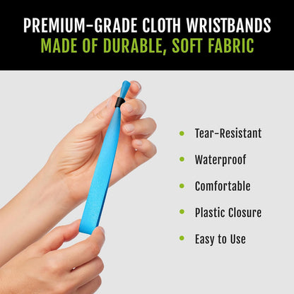 Wristco 100 Blue Cloth Event Wristbands – Plastic Closure to Prevent Transfer or Reuse – Premium-Grade Fabric Bracelets for Party Entry, Summer Camp, VIP Identification, Drink Ticket ID