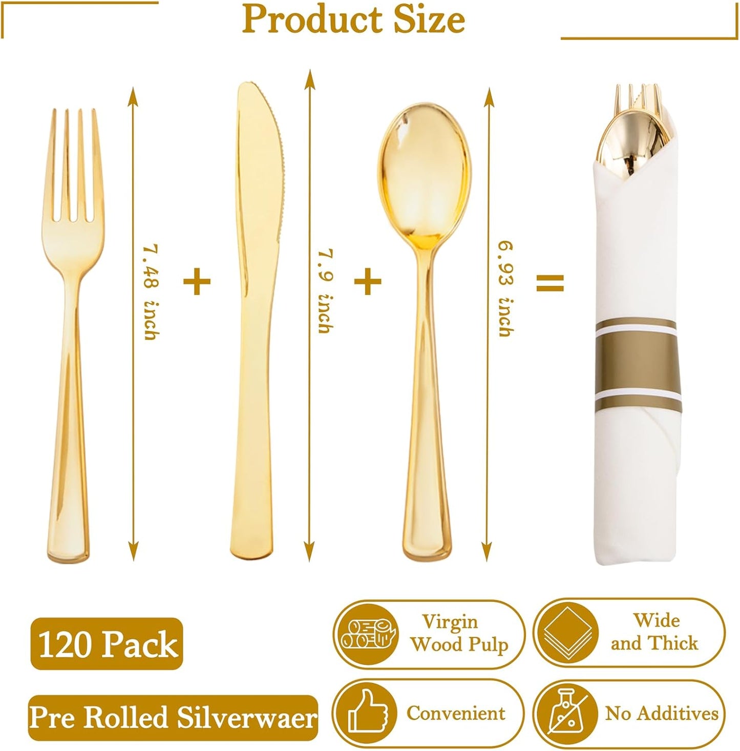 Supernal 240 Silver Plastic Silverware Set - 60 Sets Pre Rolled Napkins with Cutlery - Mirror Polished Real Look Disposable Silver Utensils- Elegant Heavy Duty Flatware for Weddings & Catering
