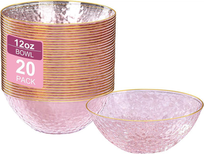I00000 30 Pack 12 Ounce Pink Plastic Bowls Hammered Clear Bowl with Gold Rimmed, Heavy Duty Disposable Bowl Set,Elegant Salad/Dessert/Ice Cream Small Bowls for Party Weddings