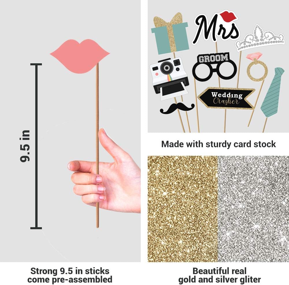 Fully Assembled Wedding Photo Booth Props - Set of 40 - Gold, Pink, Teal, & Silver Selfie Signs - Wedding Party Supplies & Decorations - Cute Designs with Real Glitter - Did We Mention No DIY