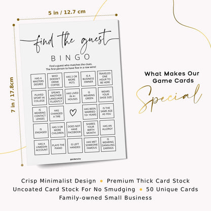 GardenCity Find The Guest Bingo Game Cards, Bridal Shower Games, Baby Shower Bingo Game, Wedding Game, 50 Unique Cards, Minimalist
