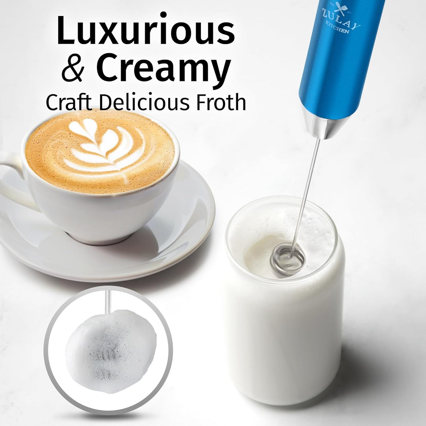 Zulay Kitchen Powerful Milk Frother Wand With Duracell Batteries - Ultra Fast Handheld Drink Mixer - Electric Whisk Foam Maker for Coffee, Lattes, Cappuccino & Matcha - Z1 Motor - Black - Colors D