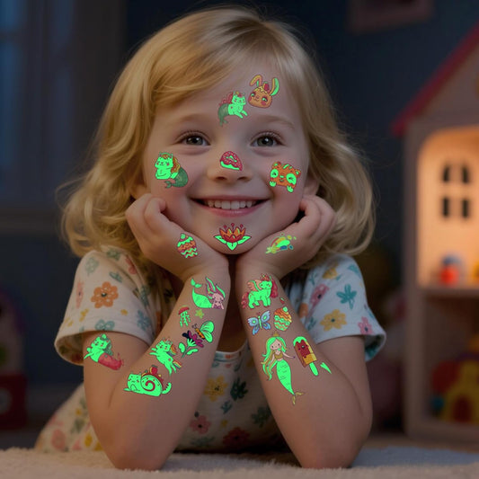 Awinmay 310 Pcs Luminous Temporary Tattoos For Kids,Mixed Styles Glow In The Dark Tattoos for Boys and Girls,Butterfly Dinosaur Pirate Mermaid Fake Tattoo Stickers,Glow Party Supplies Arts and Crafts