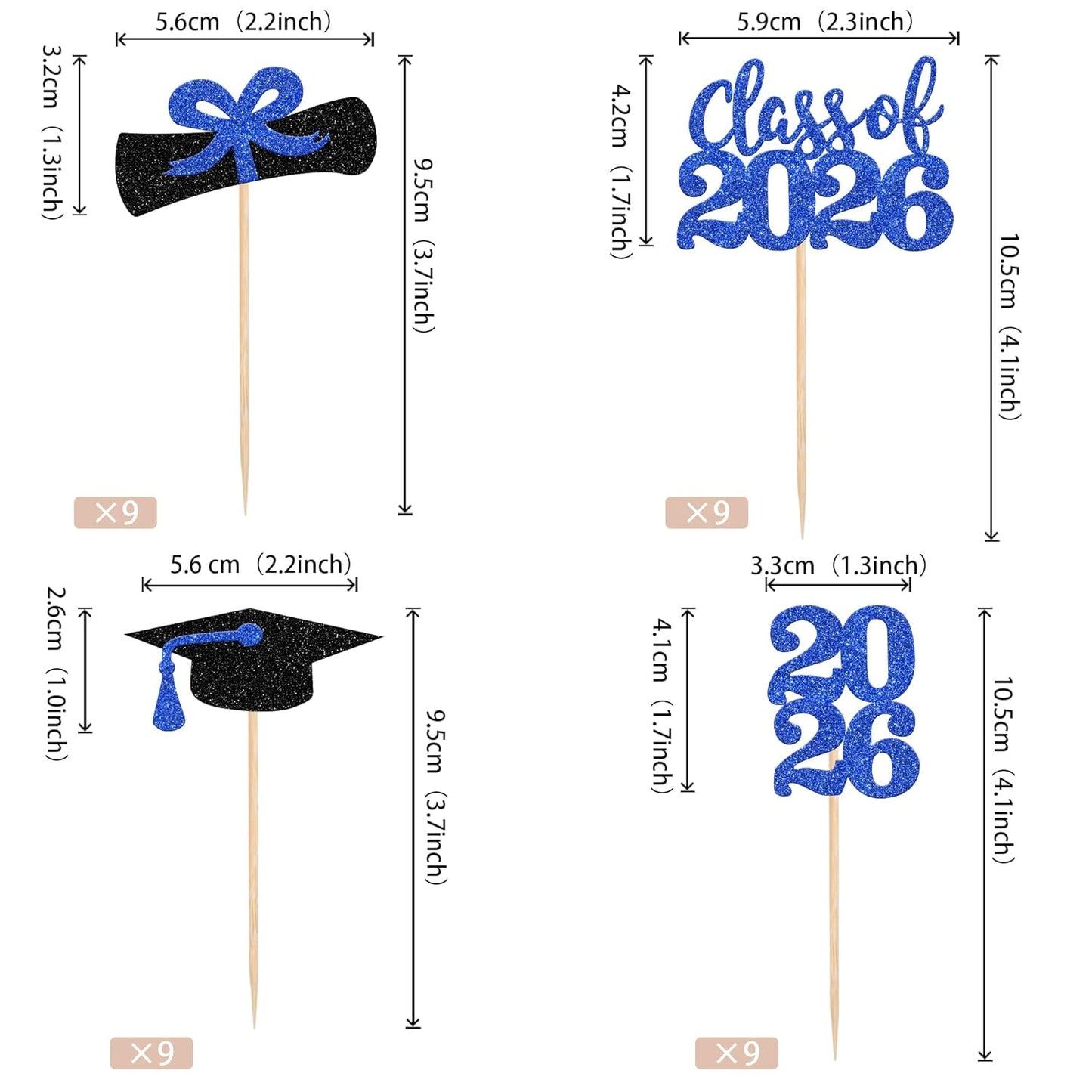 36 PCS 2026 Graduation Theme Cupcake Toppers Glitter Class of 2026 Grad Cap Diploma Cupcake Picks 2026 Graduation Theme Party Cake Decorations Supplies Deep Blue