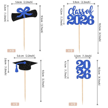 36 PCS 2026 Graduation Theme Cupcake Toppers Glitter Class of 2026 Grad Cap Diploma Cupcake Picks 2026 Graduation Theme Party Cake Decorations Supplies Deep Blue