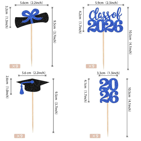 36 PCS 2026 Graduation Theme Cupcake Toppers Glitter Class of 2026 Grad Cap Diploma Cupcake Picks 2026 Graduation Theme Party Cake Decorations Supplies Deep Blue
