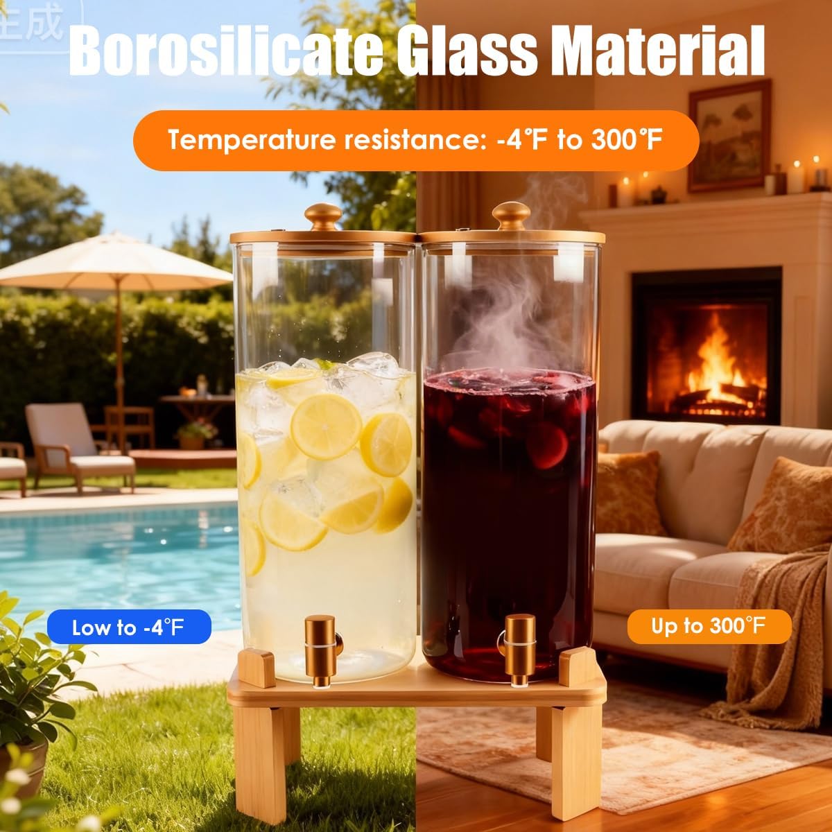 1.5 Gallon 2 Pack Glass Drink dispenser for parties,Beverage Dispenser With Wood Stand,Water Dispensers with spigot,lemonade dispenser,juice containers & water pitcher with lid