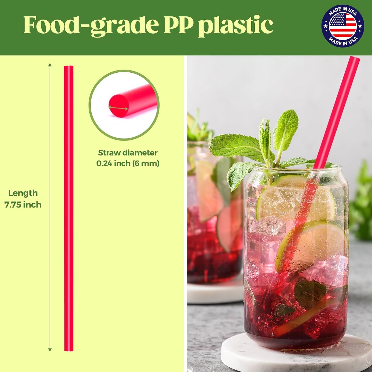 Glotoch Express 500PCS Individually Wrapped Clear Plastic Straws, 7.75'' Long, 0.24'' Diameter Disposable Drinking Straws for Every Occasion, Party, Made in USA