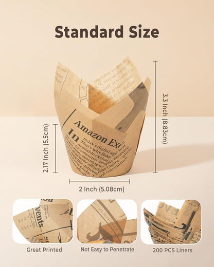 Bake Choice 200pcs Natural Tulip Cupcake Liners for Baking Cups Unbleached European Parchment paper Tulip Muffin Liners, Cupcake Wrapper for Party, Christmas