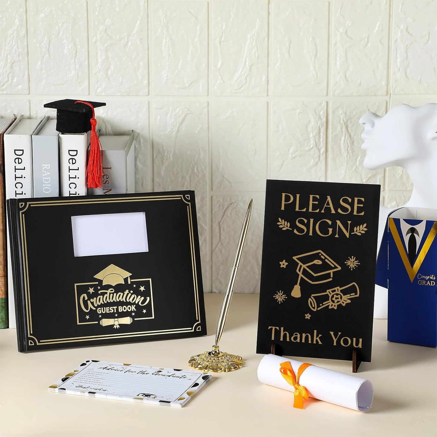 Kolldenn Graduation Guest Book Grad Party Guest Book with Signature Pen, Wood Table Sign, 50 Graduation Advice Cards Memory Party Supplies for College Gifts