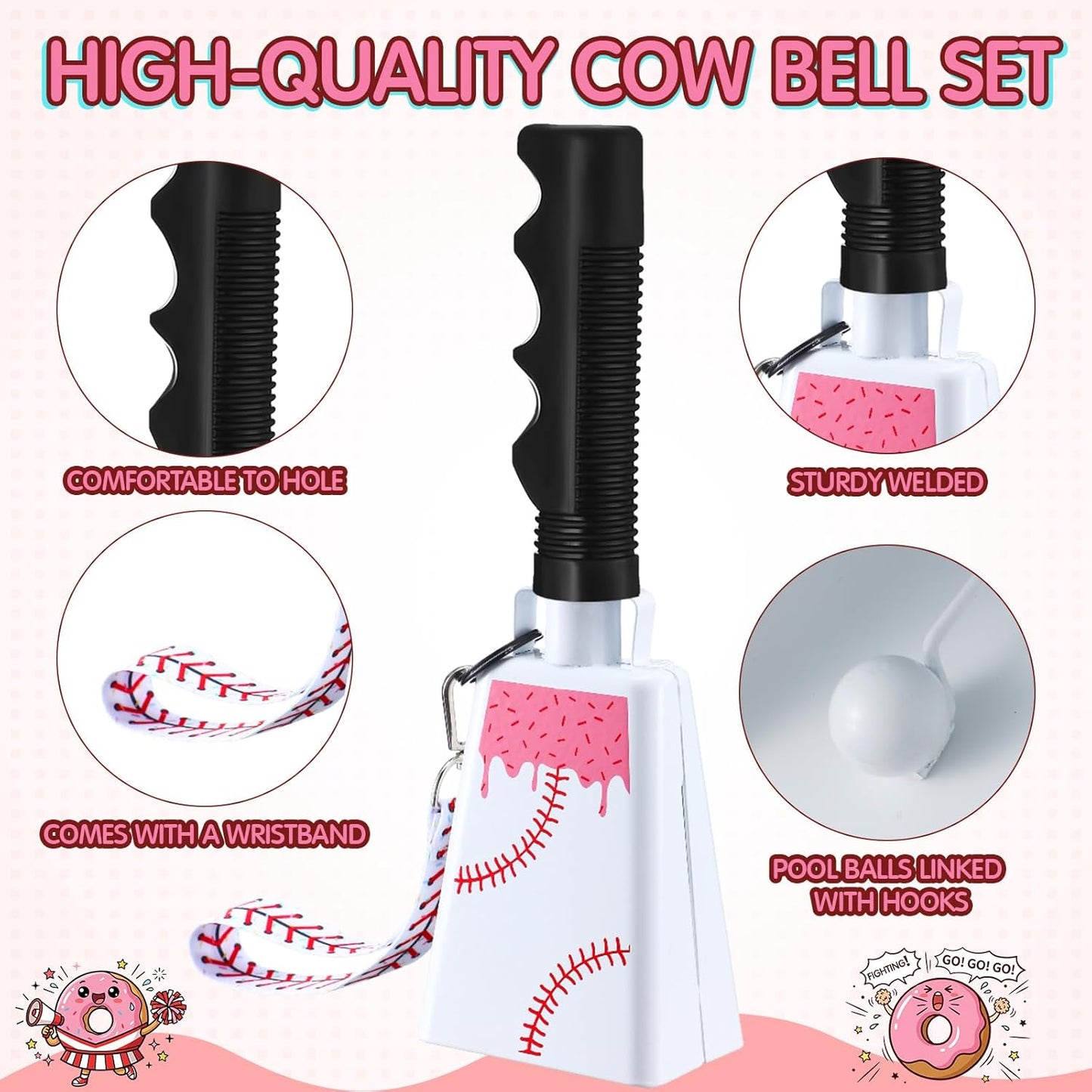 Relaxweex 2 Pack Cow Bells with Handle & Wrist Strap Ribbon Bows Loud Cowbell Noise Makers for Sporting Events, Games, Cheer, Graduations, Team(Baseball)