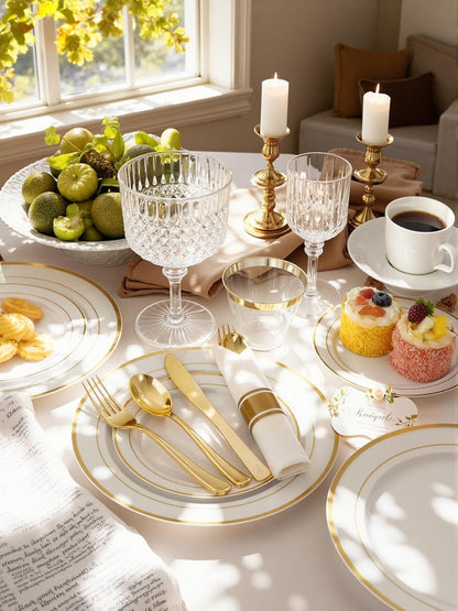 350 Pieces Black and Gold Plastic Plates with Disposable Silverware, Include 50 Dinner Plates 9”, 50 Dessert Plates 6.3”, 50 Black Cups 9 OZ, 50 Pre Rolled Napkins for Wedding Party Graduation