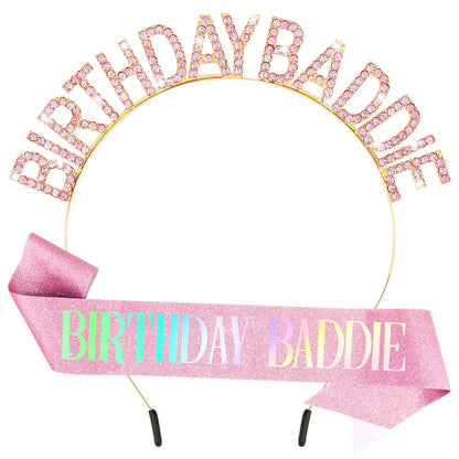 Aprince Birthday Baddie Sash and Tiara Crown for Women Girls Black Gold Happy Birthday Headband Accessiores Party Decorations
