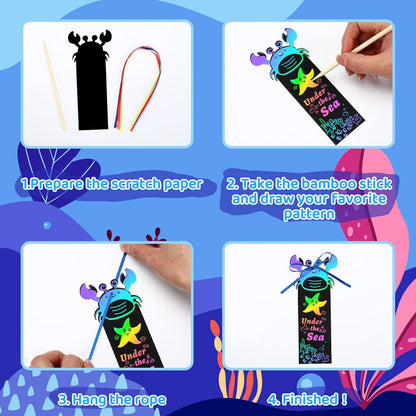 JUNEBRUSHS 30Pcs Ocean Crafts, Rainbow Magic Ocean Animals Scratch Bookmarks Under The Sea Party Favors Games for Activities Summer Arts and Crafts