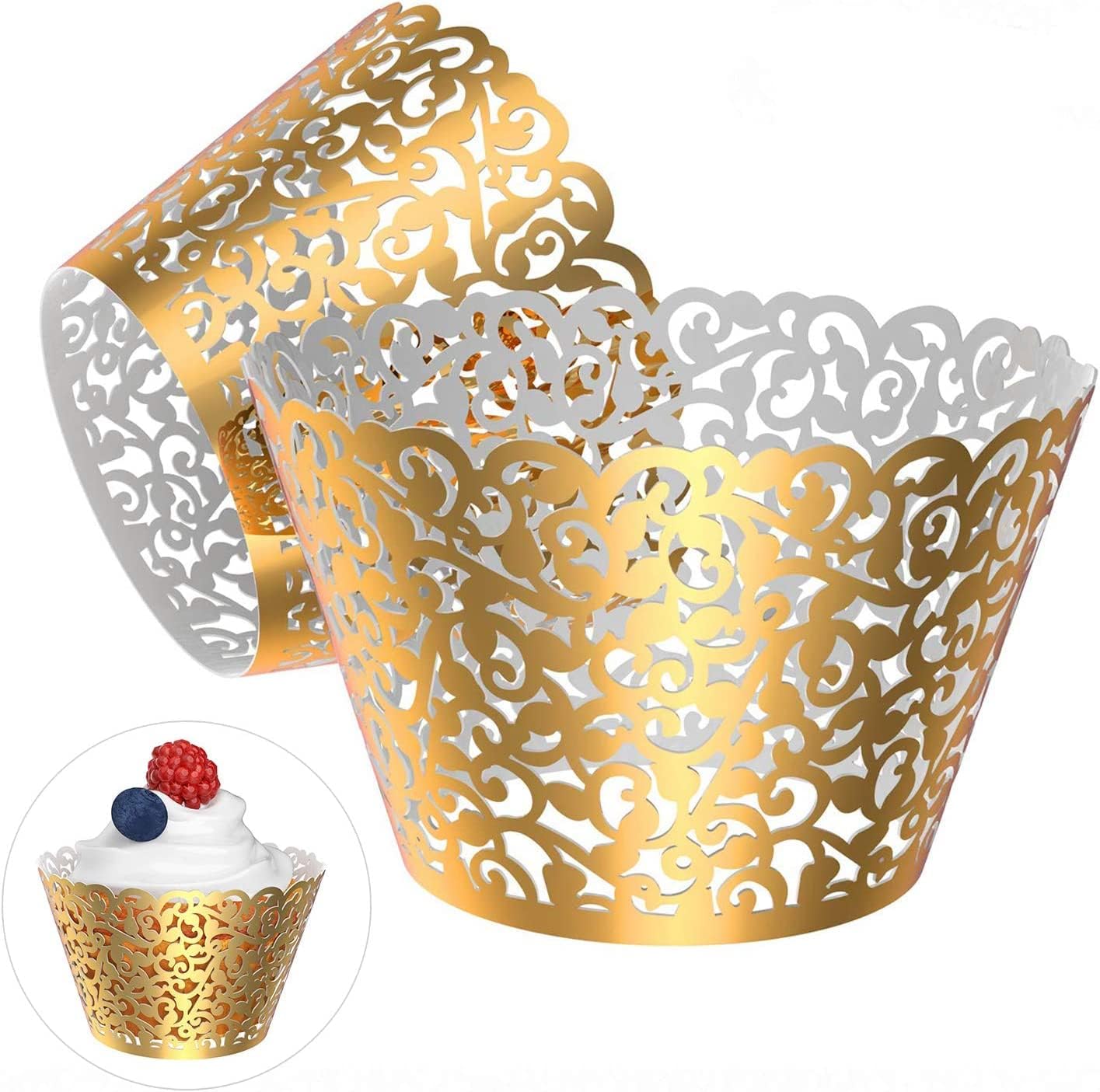 50 Pcs White Pearl Lace Laser Cut Filigree Wedding Cupcake Wrapper Baking Cake Cups Wraps Cupcake Muffin Case Trays for Special Occasions