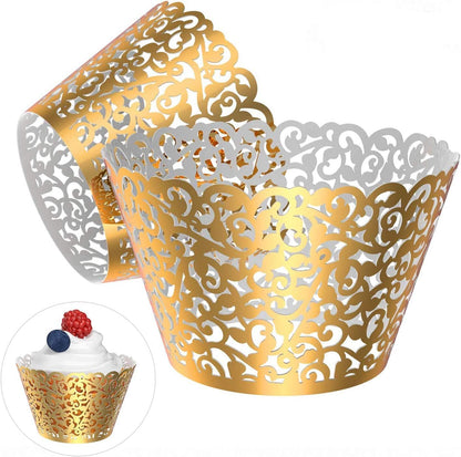 50 Pcs White Pearl Lace Laser Cut Filigree Wedding Cupcake Wrapper Baking Cake Cups Wraps Cupcake Muffin Case Trays for Special Occasions