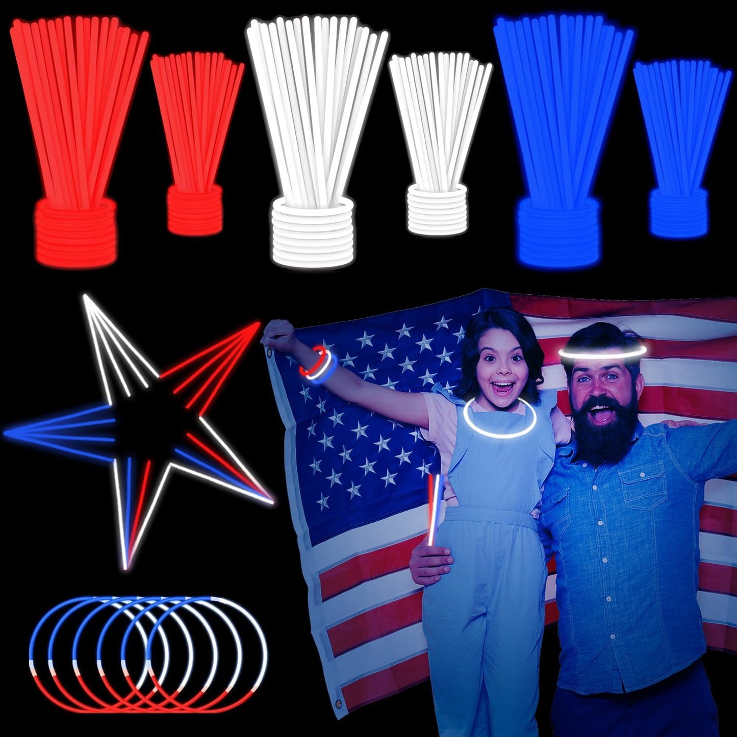 300 PCS Glow Sticks Bulk Glow Bracelet and Necklaces with 150PCS Connectors 8" Glowsticks Light Up Neon Party Favors for July 4th Halloween Wedding Birthday Hawii Carnival(RedBlueWhite)