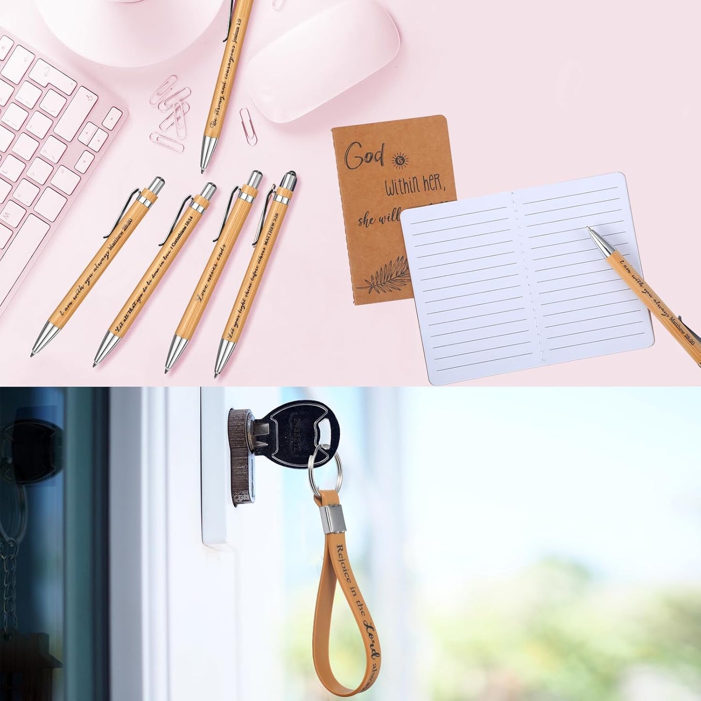 PerKoop 48 Pcs Inspirational Gifts Bulk Motivational Notepads Ballpoint Pens Keychains Set Modern Farmhouse Journal Notebooks Christian Gifts for Teachers School Office Party Favor Supplies