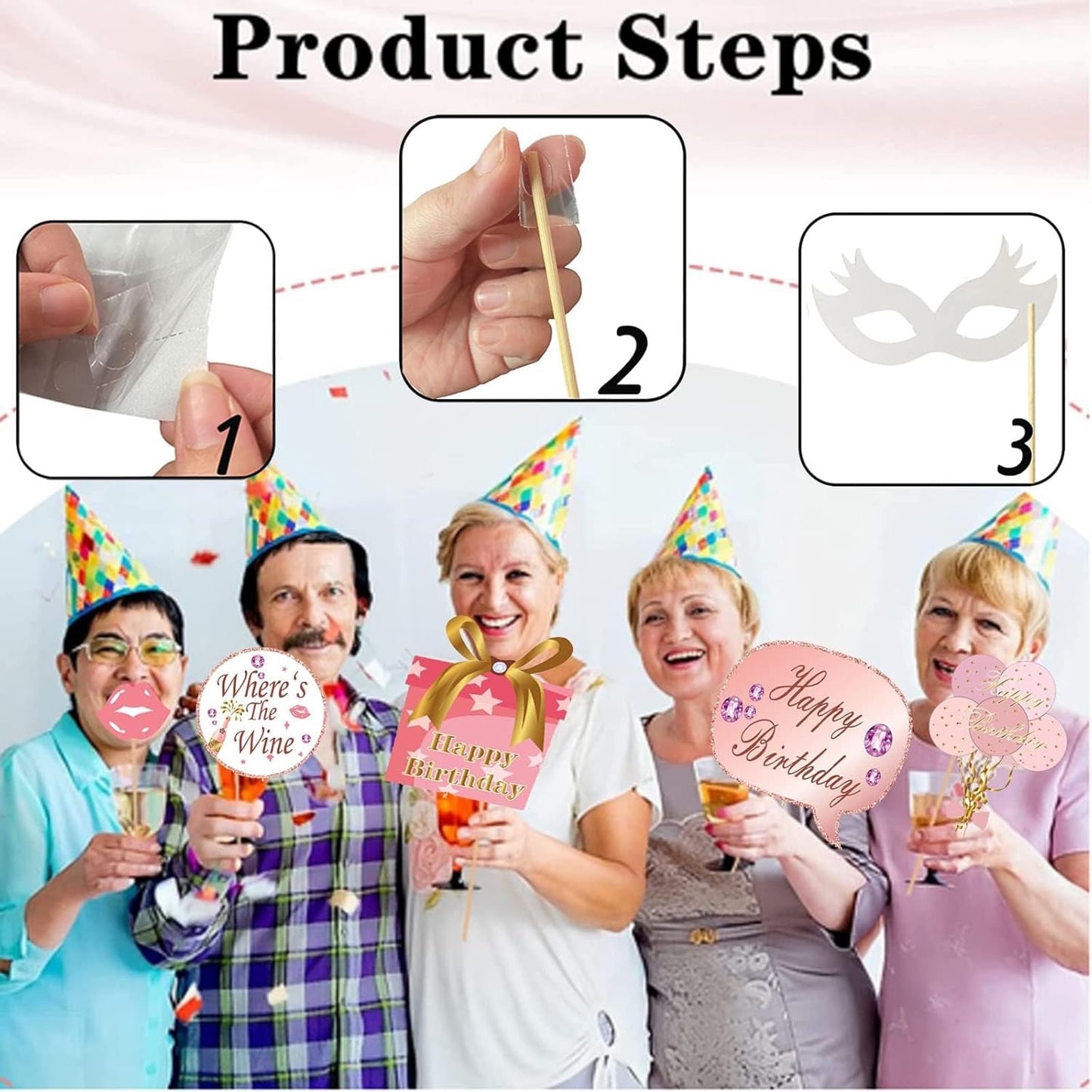 33PCS Glitter Birthday Photo Booth Props, LMSHOWOWO Rose Gold Party Photobooth Props Fun Selfie Props with Lips, Crowns, Flowers, Lipsticks for All Ages Girls Women Birthday Decorations