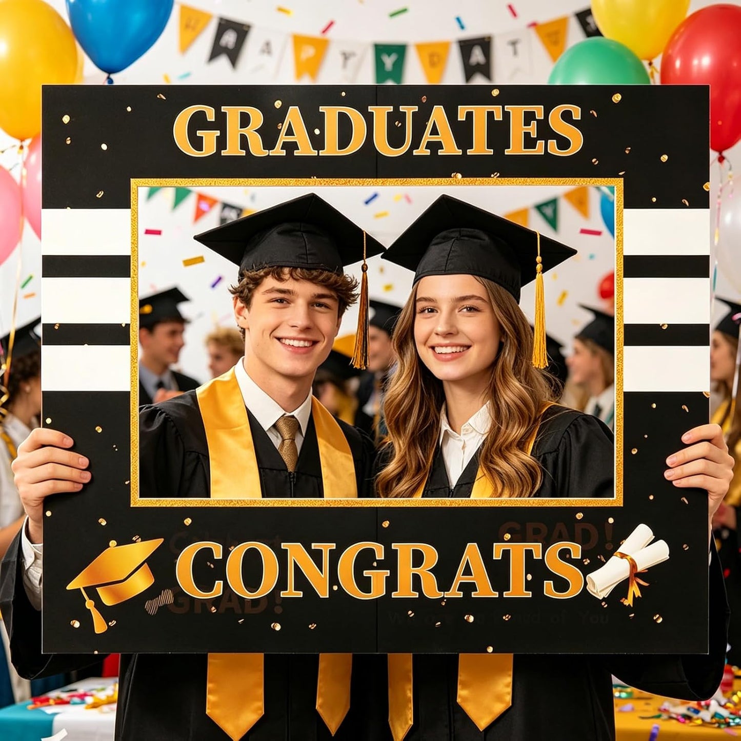 Class of 2026 Graduation Photo Booth Frame 26.8 x 18.9 Inch Black Gold Hollow Board Selfie Prop for High School College Grad Party Decor