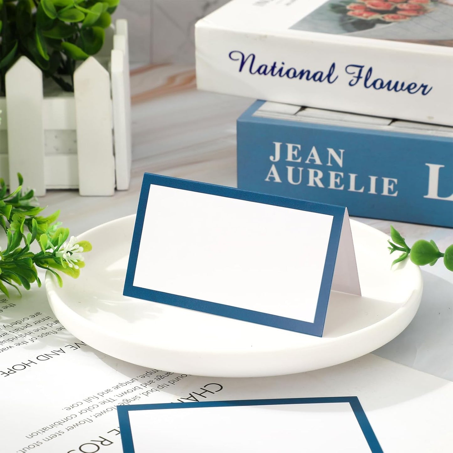 Whaline 100Pcs Navy Blue Place Cards 3.5 x 2 Inch White Blank Tented Cards Wedding Seating Cards for Party Table Setting Supplies
