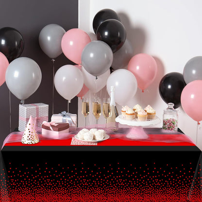 MASHAN 3Pcs Black and Red Tablecloth Party Decorations,Plastic Black Table Cloth Printed Red Table Runner Disposable Rectangle Cover for Birthday Weeding Anniversary Graduation Party,54 x108 Inch