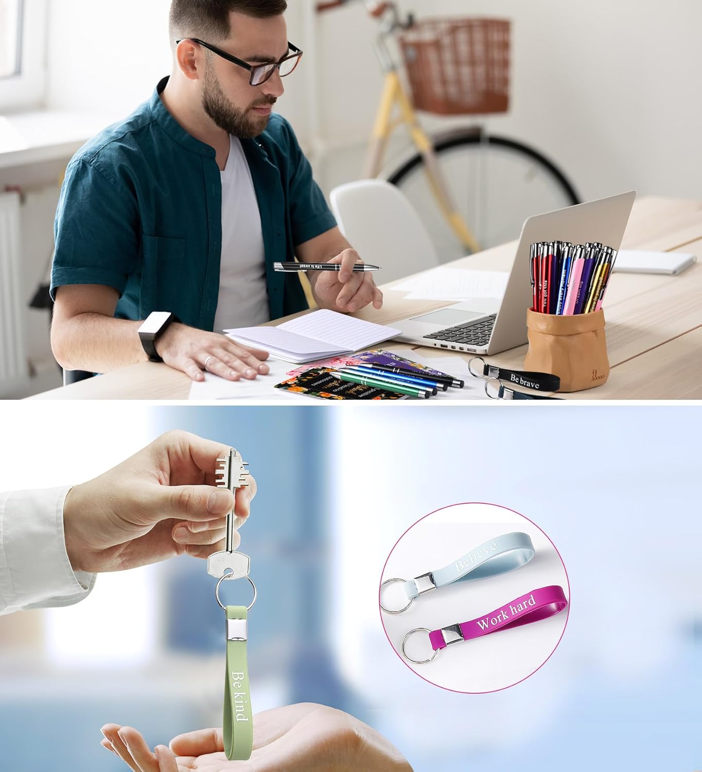 PerKoop 48 Pcs Inspirational Gifts Bulk Motivational Notepads Ballpoint Pens Keychains Set Modern Farmhouse Journal Notebooks Christian Gifts for Teachers School Office Party Favor Supplies