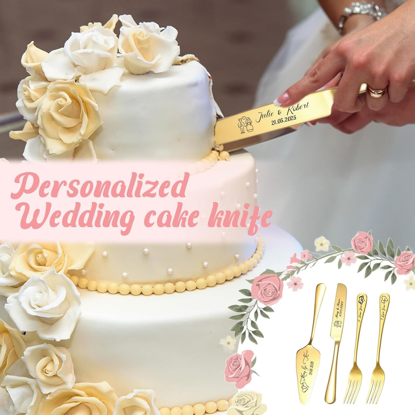 Personalized Cake Cutter Custom Wedding Cake Knife and Server Set Stainless Steel Cake Cutting Set Customize Gifts for Wedding Birthday (Black)