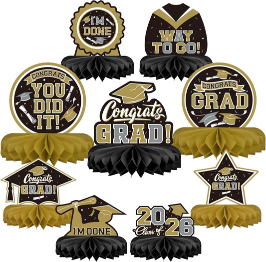 9PCS Graduation Party Decorations Class of 2026 Congrats Grad Table Centerpiece Congratulate Graduation Honeycomb Table Toppers for Graduation Party Supplies(Blue,Black）