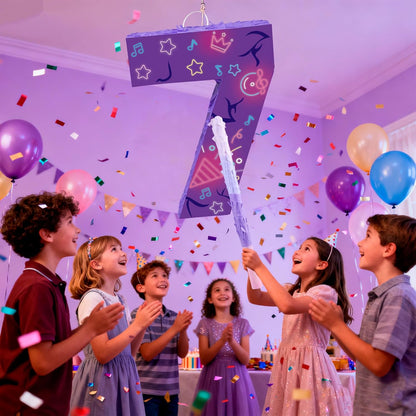 Musical Note Birthday Decorations, 15.7 x 11.5 x 3 Inch Purple Musical Note Number 7 Pinata with 16 Inch Piñata Stick Blindfold Confetti for 7th Music Theme Birthday Party Supplie