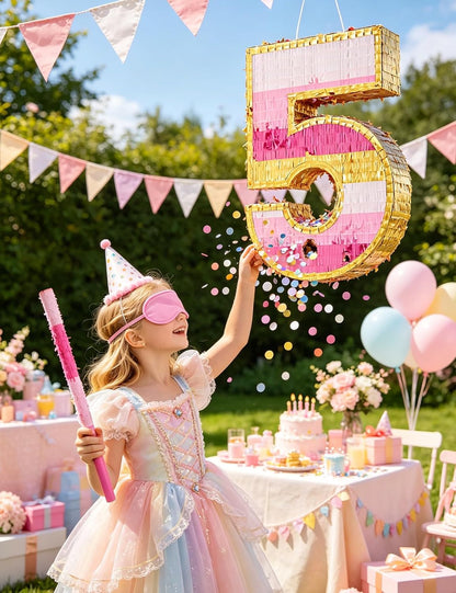Number 5 Piñata with Stick, Blindfold & Confetti-Pink Piñata for Birthday Parties, Complete Party Game Set for Kids Girls-Gradient Pink Birthday Decor with Fillable Design(Small, 16.5 x 11.5 x 3 In)