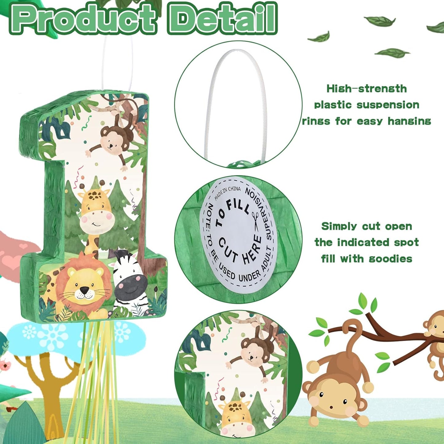 Wild One Piñata Number 1 Pull String Mini Piñata with Blindfold Bat Confetti Wild One 1st Birthday Party Decorations Safari Jungle Party Supplies 16.1 x 10.9 x 2.76 Inch