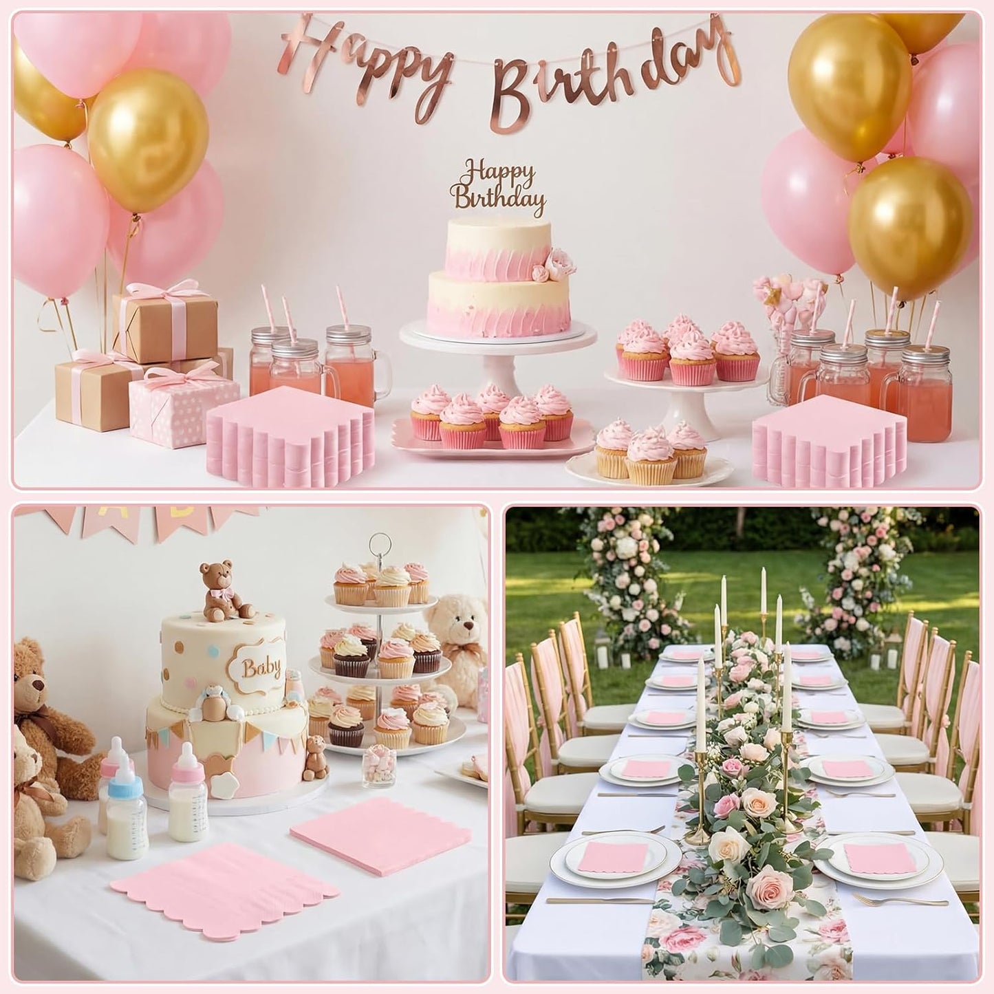 NatNarr 120 Pcs Cocktail Napkins Pink Mothers Day Paper Napkins Light Pink Dessert Beverage Napkin Cute Scalloped Party Napkin for Baby Bridal Shower, Birthday, 5 x 5 Inch
