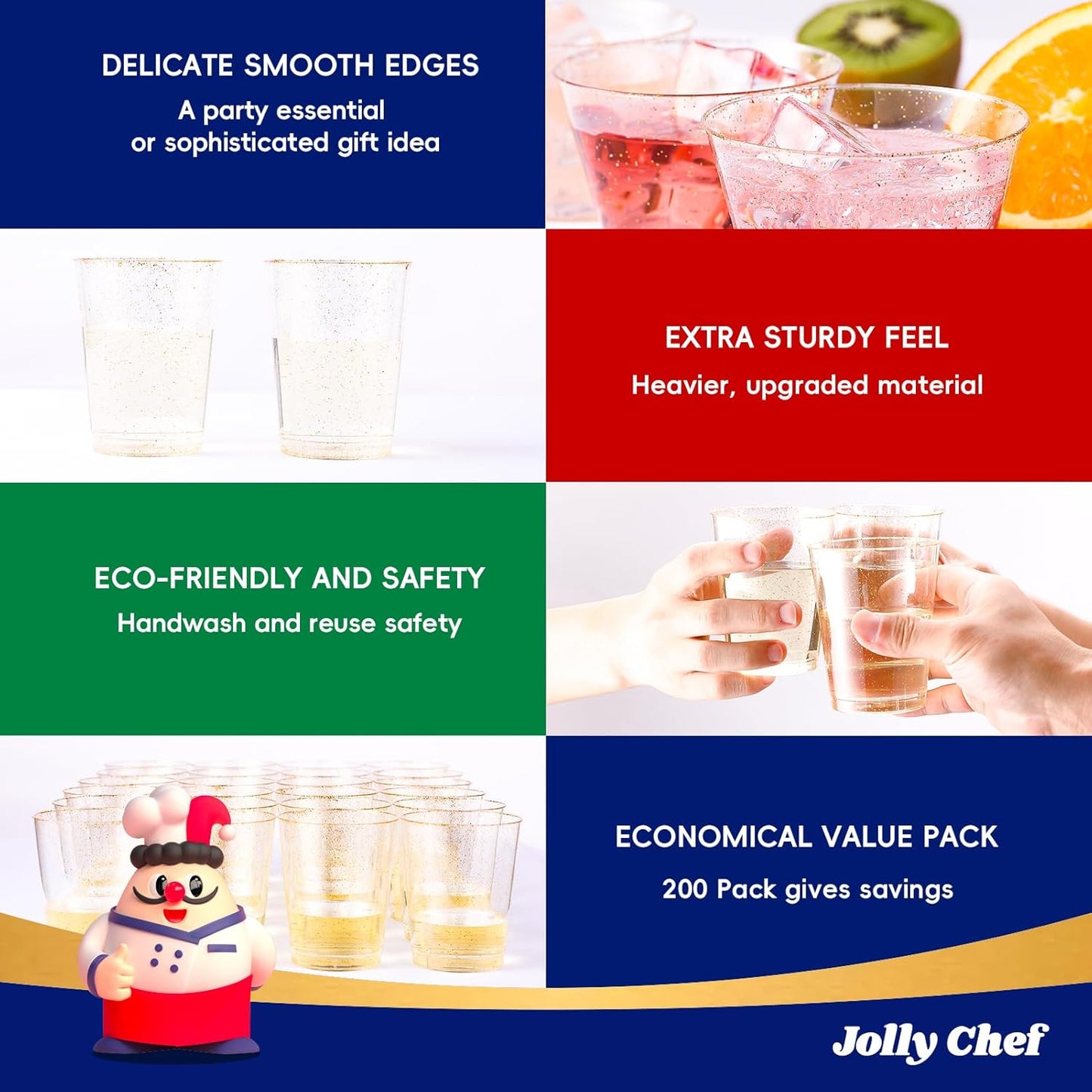 JOLLY CHEF 12 oz Clear Plastic Cups, 100 Pack Heavy-duty Party Glasses, Disposable Plastic Cups for Halloween,Thanksgiving Day, Christmas Party