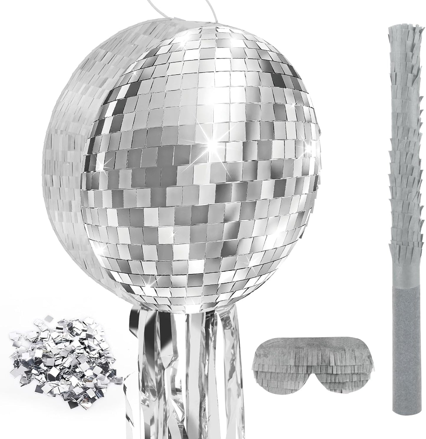 Disco Ball Pinata with Stick and Blindfold 80s 90s Theme Party Decorations Silver Mirror Disco Ball Pinata for Birthdays Weddings Roller Skating Party Supplies