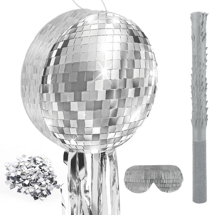 Disco Ball Pinata with Stick and Blindfold 80s 90s Theme Party Decorations Silver Mirror Disco Ball Pinata for Birthdays Weddings Roller Skating Party Supplies