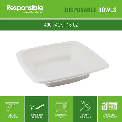Responsible Products 100% Compostable Square Serving Bowls, 48 oz Disposable Paper Bowls, Microwave Safe, Freezer Safe, Soup Safe, No Plastic, Eco-Friendly, Tree-Free, No PFAS. White (50 Count)