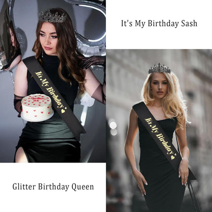 CURASA Birthday Tiara and Sash - Silver Birthday Crown for Women, Perfect for Parties and Celebrations