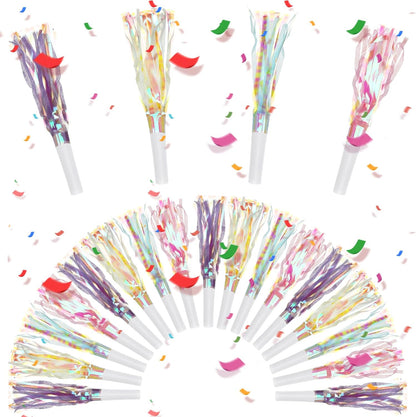 24 pcs Party Blowers Glitter Noise Makers Metallic Fringed Party Horns Pastel Noisemakers for Birthday Blow Horns Graduation New Years Sporting Gatherings Favors Supplies Eve Christmas