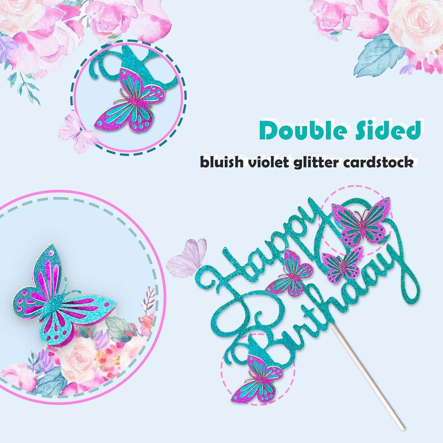 13-Pieces 3D Butterfly Cupcake Topper for Girls Women's Happy Birthday Cake Decorations Party Decorations(Pink)