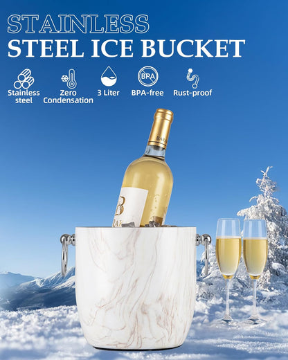 Insulated Ice Bucket, 3L Double Wall Stainless Steel Ice Bucket with Tongs,Lid, Scoop and Strainer, Ice Buckets for Parties,Cocktail Bars, Chilling Beer, Champagne, Wine Bottles,Wood