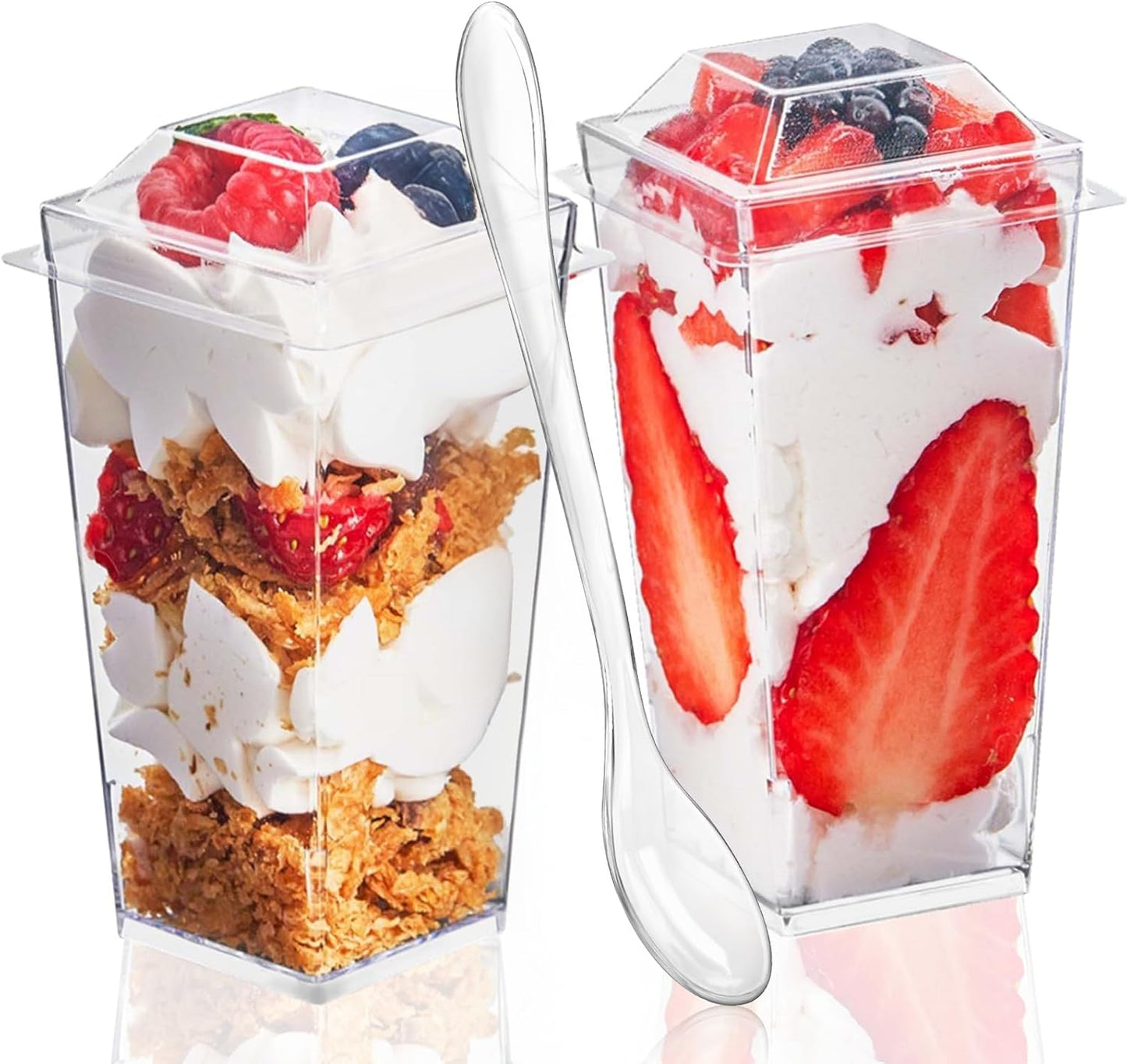 TOFLEN 50 Pack 5 oz Plastic Dessert Cups with High Lids for Party, Mini Dessert Cups with Spoons Dessert Shooter Cups for Yogurt Parfait, Appetizer, Pudding, Fruit and Ice Cream